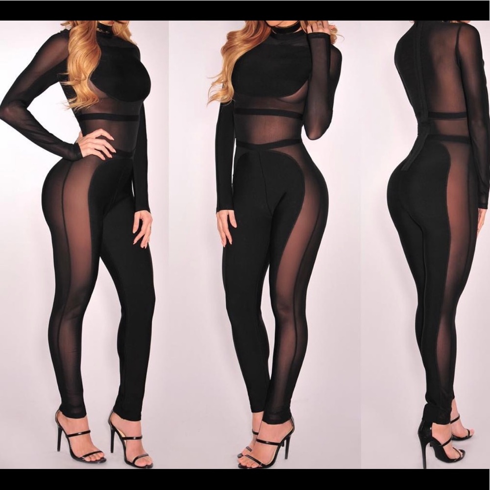 Black Mock Neck Sheer Mesh Long Sleeve Jumpsuit, HMS, Size Large.